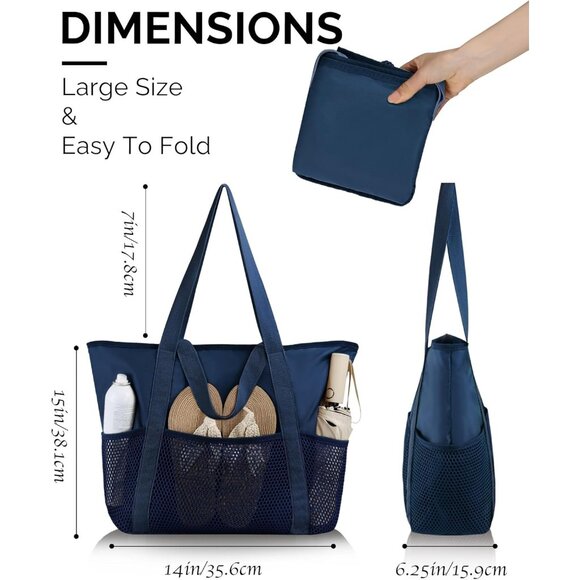 Women Navy Beach Bag Large Waterproof Sandproof Foldable Tote With Zipper Mesh - Picture 5 of 7